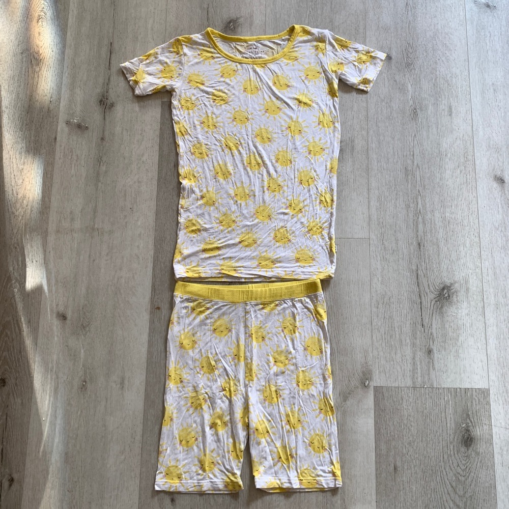 Little Sleepies Sun Pajama Set Lunaluxe Bamboo Yellow White Kids 12/14 Shortie